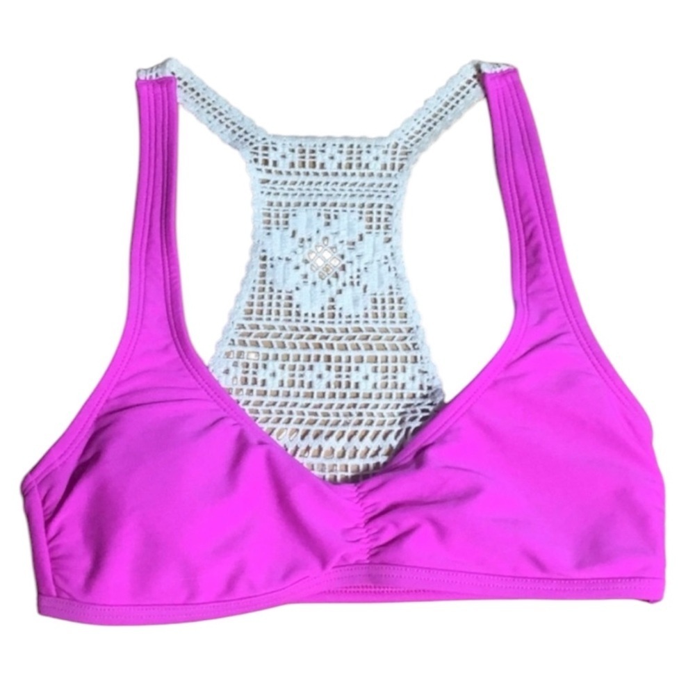 Aerie Swim Bikini Top Hot Pink and Crocheted Padded Size Small